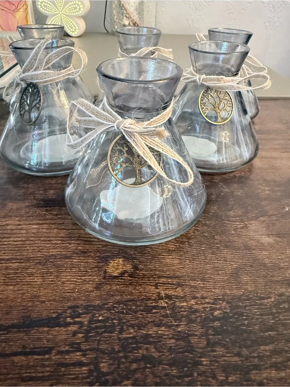 Clear Glass Bud Vase with Tree Charm and Twine Bow